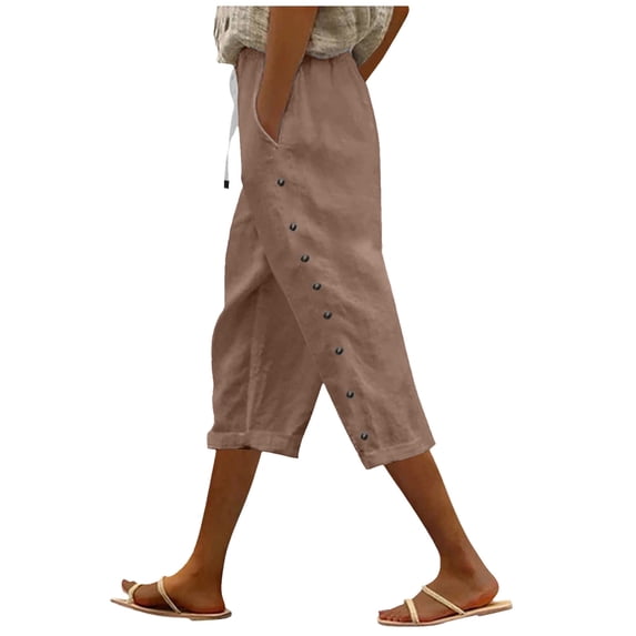 Riforla Women's Summer Solid Color Elastic Waist Loose Side Button Decoration Versatile Capris Casual Pants Women's Pants Coffee M