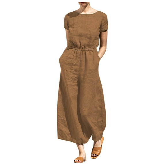 Riforla Women's Summer Solid High Waist Short Sleeve Wide Leg Jumpsuit Casual Loose Fit Pantsuit Casual Jumpsuits for Women Khaki XL