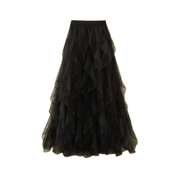 Ediodpoh Womens Skirts Summer High Waist Ruffle Skirt Mid to Long Wavy Mesh Half Skirt for Casual Wear Midi Skirt Black One Size