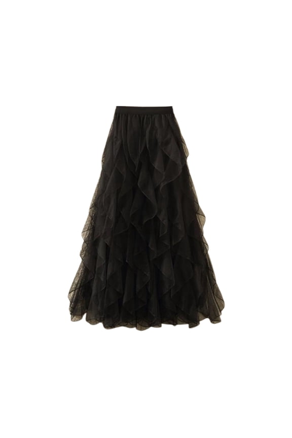 Womens Skirts Summer High Waist Ruffle Skirt Mid to Long Wavy Mesh Half Skirt for Casual Wear Midi Skirt Black One Size