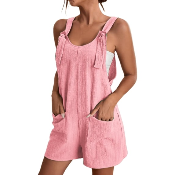Riforla Women's Tie Shoulder Overall Shorts Scoop Neck Romper Jumpsuit with Pocket Women's Jumpsuit Pink_001 XL