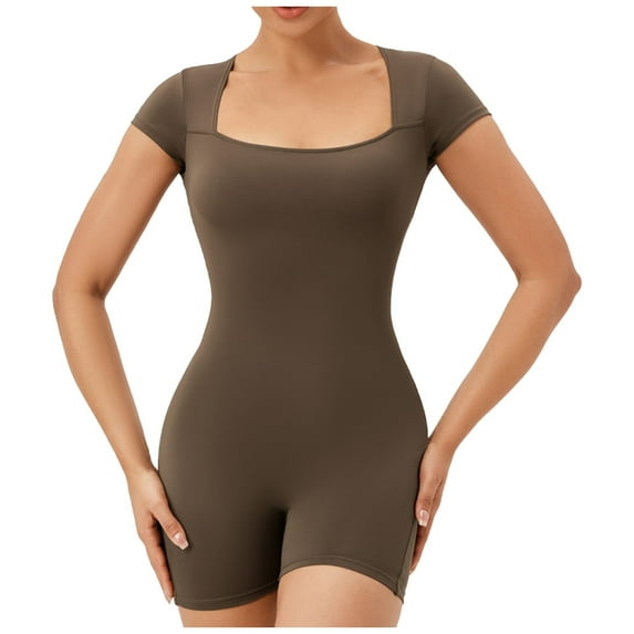 Riforla Women's Tight Sports Jumpsuit Short Sleeve Square R Training Running Yoga Fitness Jumpsuits for Women Brown S