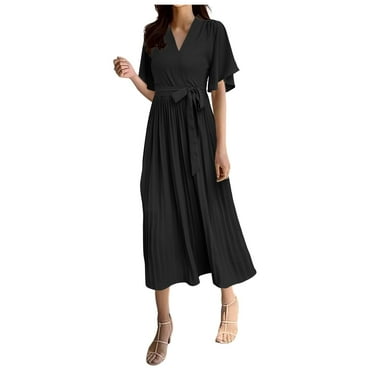 Riforla Women's V Neck Over The Knee Slim Temperament Lace up Large Swing Pleated Short Sleeved Dress Summer Dresses for Women Short Black One Size