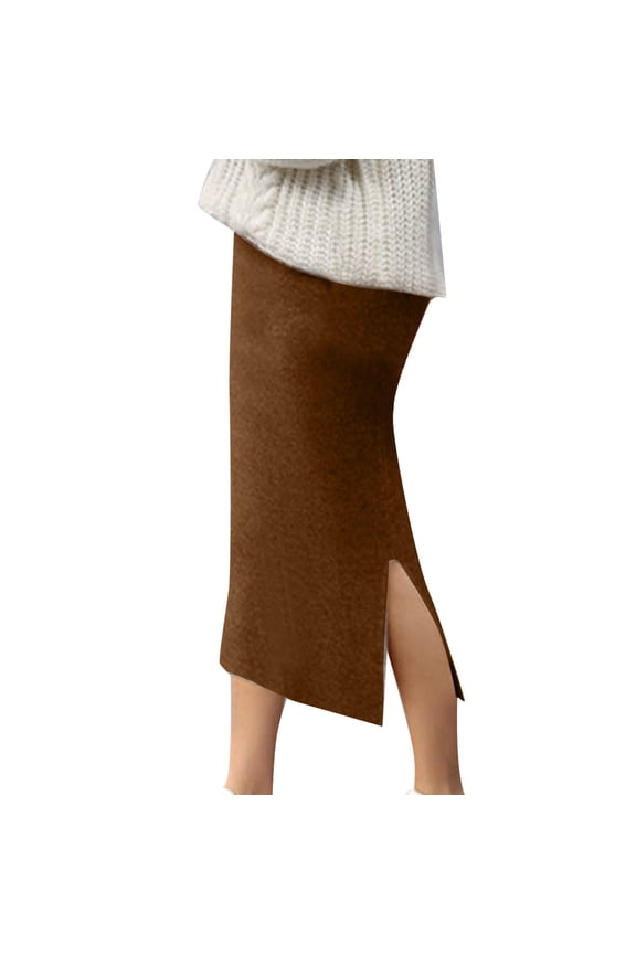 Ediodpoh Womens Skirts Winter Wool Knit Pencil Skirt Mid Length High Waist Plus Size Thick Side Slit Pencil Skirt Knee Length Skirts for Women Coffee L