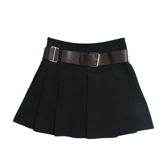 Riforla Skirts for Women Belt Pleated High Waist A Line Umbrella Short Half Skirt Mini Skirts Black S