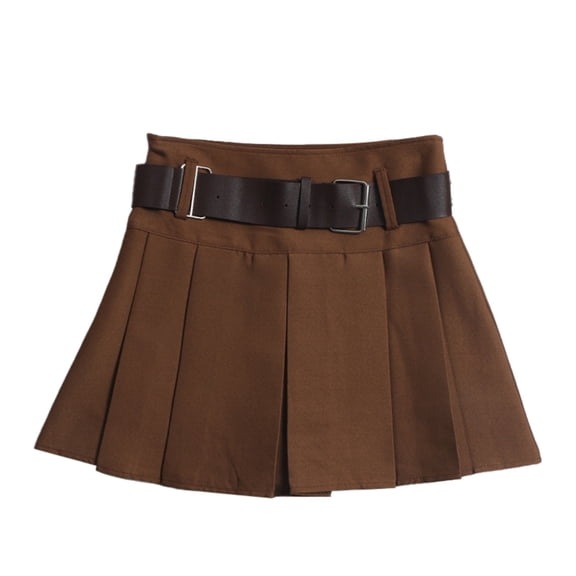 Ediodpoh Skirts for Women Belt Pleated High Waist A Line Umbrella Short Half Skirt Mini Skirts Coffee S