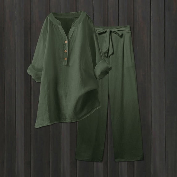 Riforla Womens 2 Piece Outfits Wide Leg Blouse Pockets Elastic Pants Sets Casual V Neck Shirt Trousers Fashion Streetwear Sets for Women 2 Pieces Army Green_02_003 L