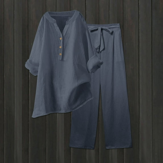 Riforla Womens 2 Piece Outfits Wide Leg Blouse Pockets Elastic Pants Sets Casual V Neck Shirt Trousers Fashion Streetwear Sets for Women 2 Pieces Dark Gray_003 XL