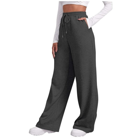 Ediodpoh Womens Autumn Winter Solid Color Casual Sports Pants for Women Lace Up Pockets Wide Straight Leg Sweatpants Dark Gray S