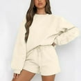 thumbnail image 1 of Riforla Womens Autumn Winter Casual and Comfortable Solid Color Round Neck Long Sleeve Sweatshirt Shorts Set Short sets Beige M, 1 of 5