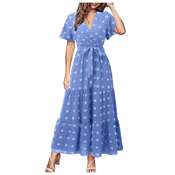 Riforla Womens Boho Dot Maxi Dresses Wrap V Neck Flutter Short Sleeve Solid Tie Belt A Line Tiered Flowy Long Dresses Solid Midi Dress Sky Blue S