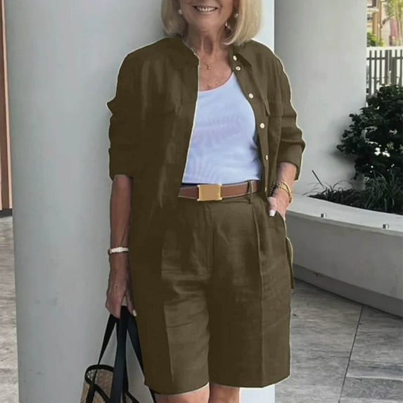 Riforla Womens Cardigan Shirt Top Summer Solid Color Casual Shorts Two Piece Short Sets for Women AG XXL