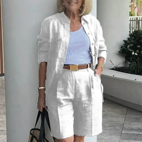 Riforla Womens Cardigan Shirt Top Summer Solid Color Casual Shorts Two Piece Short Sets for Women White S