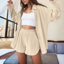 Riforla Womens Casual Western Style Comfortable Trendy Long Sleeved Shirt Shorts Suit Two Piece Sets for Women Beige L