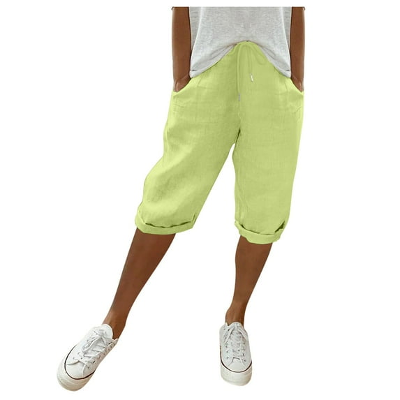 Ediodpoh Womens Fashion Solid Large Pocket Elastic Casual Pants Pocket Capris Pants for Women Light Green#2 XXL