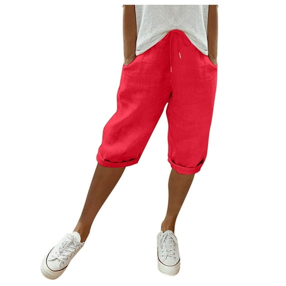 Ediodpoh Womens Fashion Solid Large Pocket Elastic Casual Pants Pocket Capris Pants for Women Red XXL