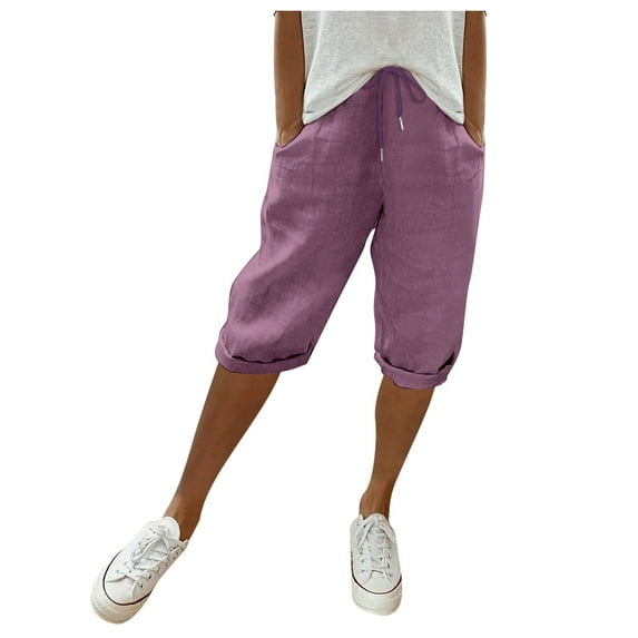 Ediodpoh Womens Pants Fashion Solid Large Pocket Elastic Casual Pants Pocket Capris for Summer Women Purple#2 L
