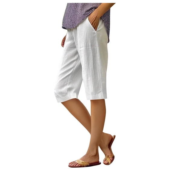 Ediodpoh Women Fashion Solid Color Large Pocket Elastic Waist Casual Capri Womens Pants Loose Fit White XL