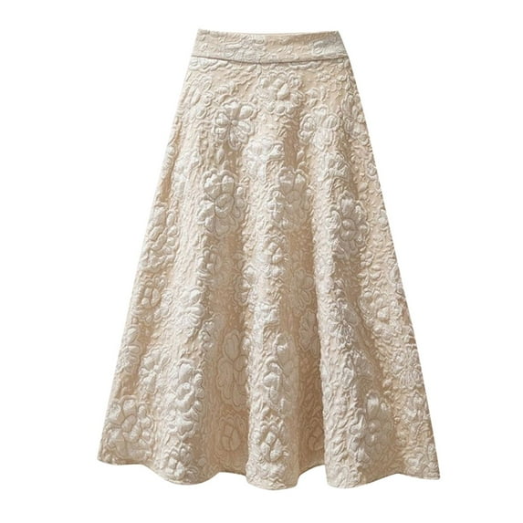 Riforla Women's Skirts Flower Jacquard High Waist Midi Swing Skirt for Casual Wear Womens Skirts Midi Length Beige M