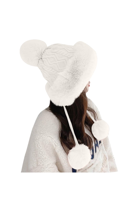 Womens Hats with Pompom for Winter Warm Knit Cap Ushanka Trapper Hat with Ear Cover Bomber Hats White