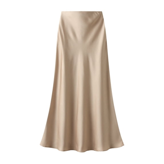 Riforla Satin Midi Skirt Womens High Waist Solid Color Casual Skirt with Zipper Women's Skirts Beige M