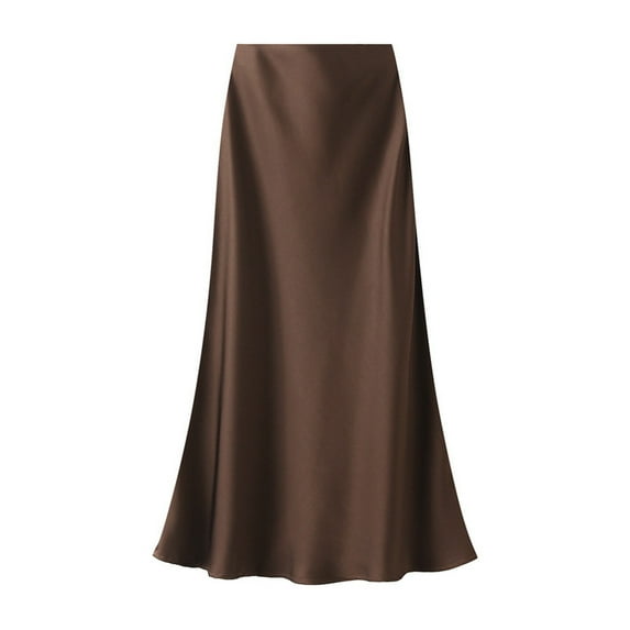 Riforla Satin Midi Skirt Womens High Waist Solid Color Casual Skirt with Zipper Women's Skirts Brown L