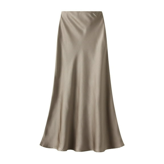 Riforla Satin Midi Skirt Womens High Waist Solid Color Casual Skirt with Zipper Women's Skirts Khaki M