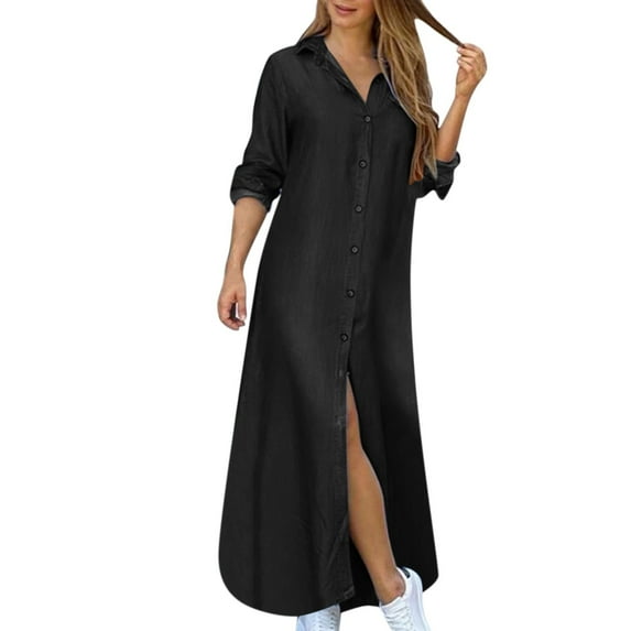 Riforla Womens Long Sleeve Button Down Shirt Dress Casual Solid Denim Maxi Dresses Loose Fit Blouse Dress with Pocket Black_001 L