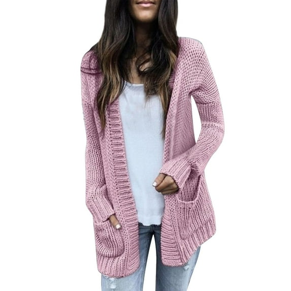 Ediodpoh Women's Long Sleeve Open Front Knit Sweater Loose Solid Color Long Cardigans for Women Outerwear with Pockets Pink XXL