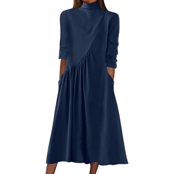 Riforla Womens Long Sleeve Turtleneck Casual Dresses Fall Winter Loose Pleated Solid Color Swing Midi Dress with Pockets Dresses for Women Navy XXL