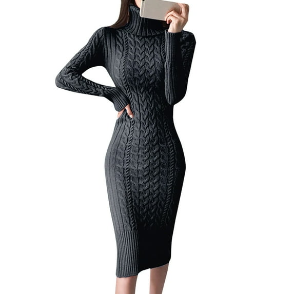 Riforla Womens Long Sleeve Turtleneck Sweater Dresses Knitted Bodycon Midi Jumper Dresses Dresses for Women Black XL
