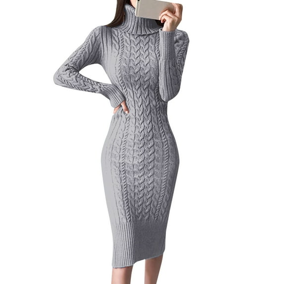 Riforla Womens Long Sleeve Turtleneck Sweater Dresses Knitted Bodycon Midi Jumper Dresses Dresses for Women Grey L