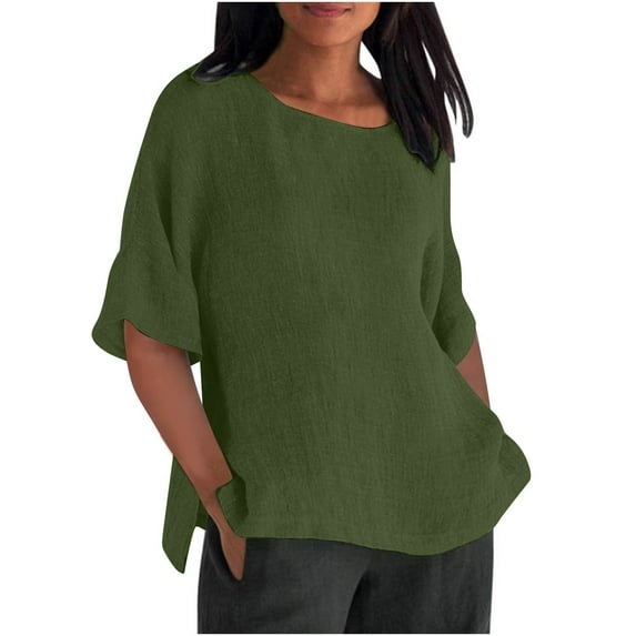 Ediodpoh Womens Loose 1/2 Long Sleeve Blouse Tops Solid Casual Short Sleeve Shirt Blouse Womens Tops Army Green XL