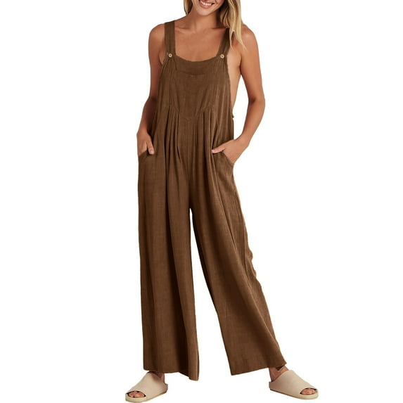 Riforla Womens Overalls Casual Loose Sleeveless Adjustable Straps Wide Leg Jumpsuit with Pockets Jumpsuits for Women Brown S