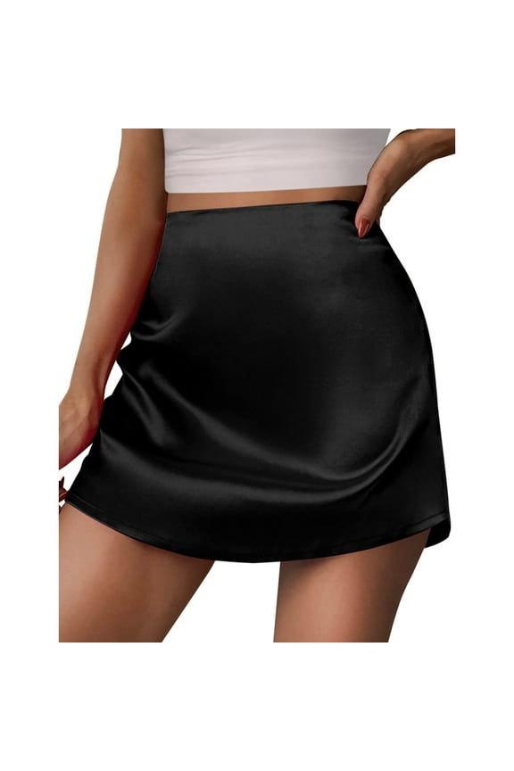 Satin Mini Skirt Womens A-Line Zipper Short Skirt for Summer Casual Fashion Long Skirts for Women Black L