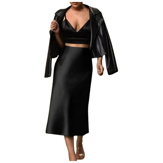 Ediodpoh Satin Midi Skirt Womens Solid Color Fishtail Hem Skirt Womens Skirt Black_002 M