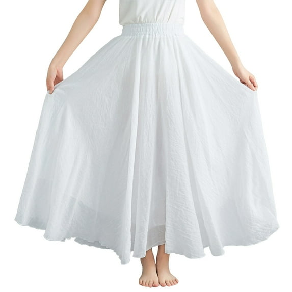 Riforla Womens Solid Color Half Skirt Elastic Waist A Line Skirt Long Half Skirt Pleated Skirt Girls White 85cm