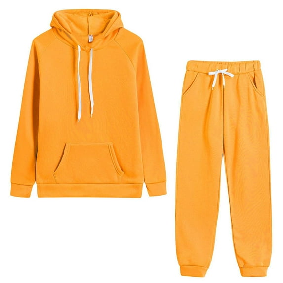 Riforla Womens Solid Color Long Sleeve Hooded Sweatsuit Casual Loose Two Piece Sets for Women 2 Pieces Yellow S