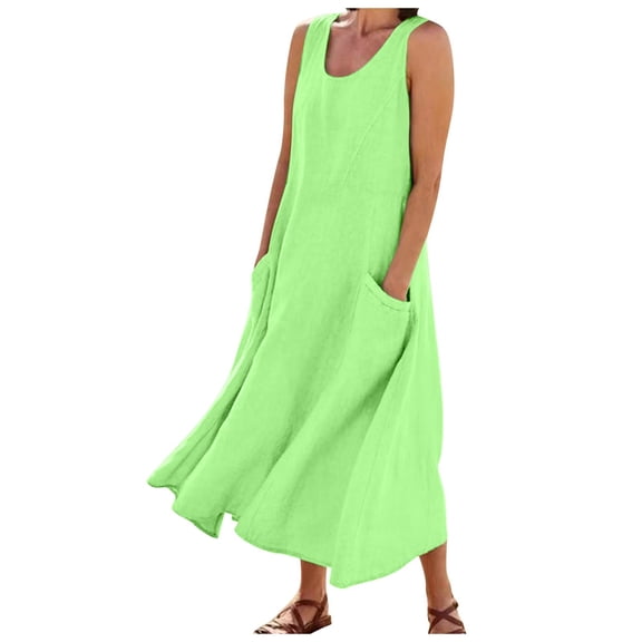 Riforla Womens Solid Color Round Neck Pockets Casual Long Dress Daily Tank Dress Dressy Dresses Green XL
