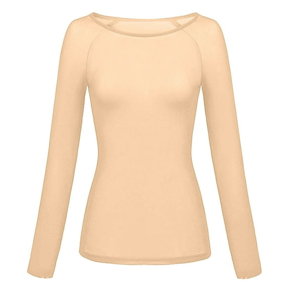 Riforla Womens Solid See Through Long Sleeve Seamless Arm Shaper Top Mesh Shirt Blouse Womens Tops Khaki S