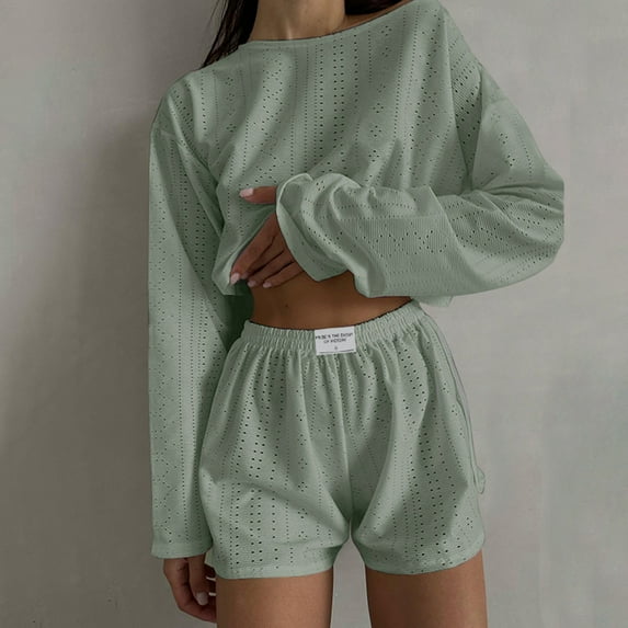 Riforla Womens Summer Fashion Casual Two Piece Outfits Casual Shorts Set O Neck Long Sleeve Tops and Shorts Tracksuit Two Piece Sets for Women Green L