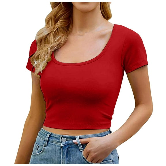 Riforla Womens Summer Short Sleeve Cute Crop Tops Casual Basic Crewneck Slim Fit T Shirts T-shirts for Women Red L