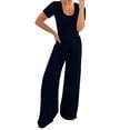 thumbnail image 1 of Riforla Womens Summer Short Sleeve Jumpsuits High Waist Low Cut Casual Scoop Neck Fit and Flare Long Pants Rompers Jumpsuits for Women Navy S, 1 of 7