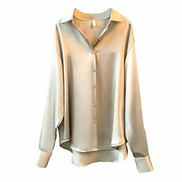 Riforla Womens Summer Sun Casual Loose Button Down Shirts Long Sleeve Solid Color Shirts Tops Womens Tops Khaki XL
