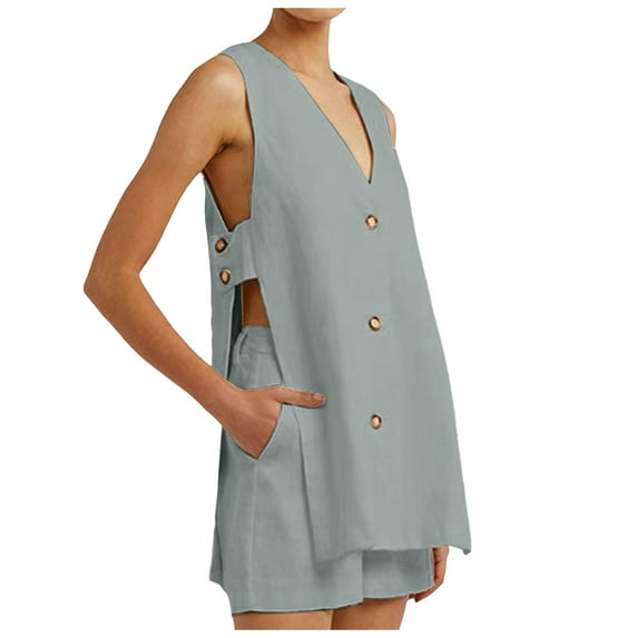 Riforla Womens Summer Two Piece Outfits Casual Shorts Set Sleeveless V Neck Button Down Tank Tops and Shorts Tracksuit Grey XL