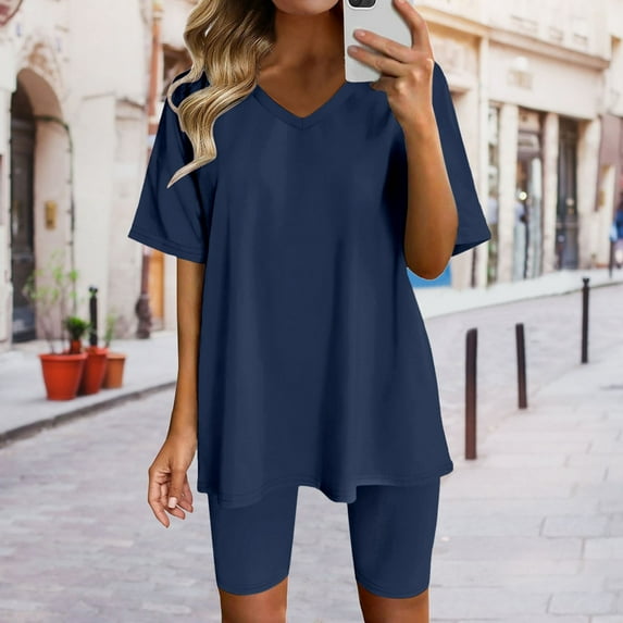 Riforla Womens Two Piece Outfits Short Sleeve Tops Short Pants Running Yoga Sport Sets 2 Piece Sets Women Outfit Navy S