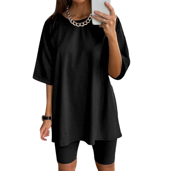 Riforla Womens Two Piece Outfits Short Sleeve Tops Short Pants Running Yoga Sport Sets Black M