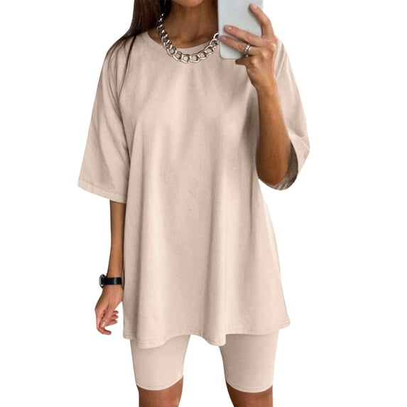 Riforla Womens Two Piece Outfits Short Sleeve Tops Short Pants Running Yoga Sport Sets Khaki M