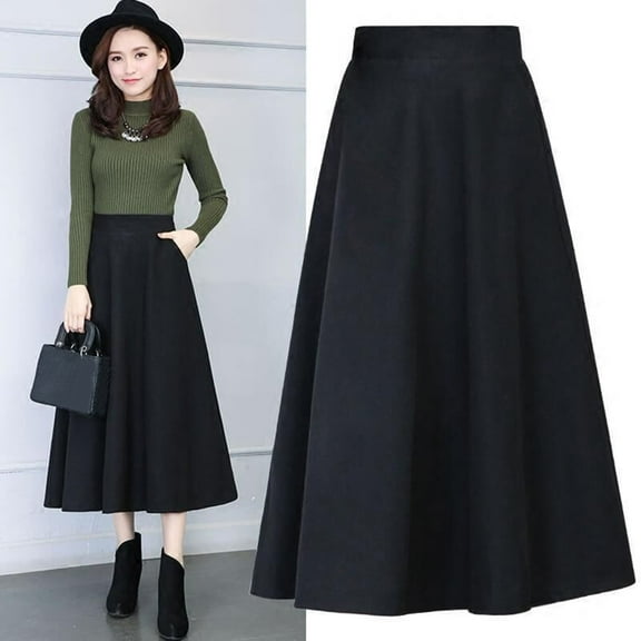 Riforla Womens Winter Vintage High Elastic Waist A Line Pleated Wool Midi Skirt Lady Skirt Womens Skirts Black XXXL
