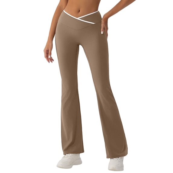 Riforla Workout Leggings for Women High Waist Flared Yoga Pants Contrast Color Slim Fit Wide Leg Tights Womens Pants Khaki M